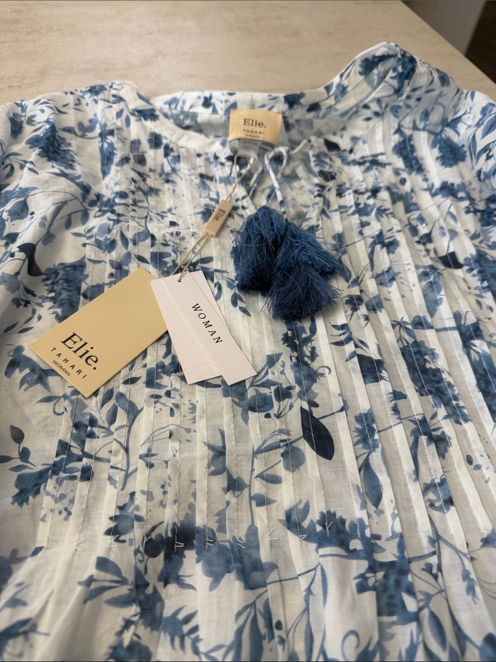Elie Tahari White Top with Blue Floral Pintuck and Tassels